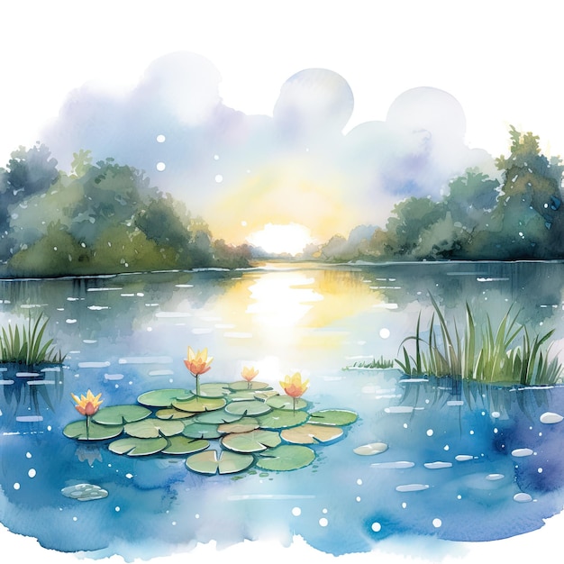 Contented Pond with Sparkling Blue Water Watercolor Clipart