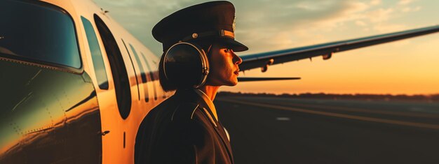 Contented stylish airline captain standing by a landed plane