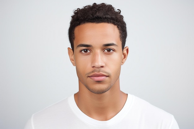 contented young Brazilian man in Casual shirt on white background