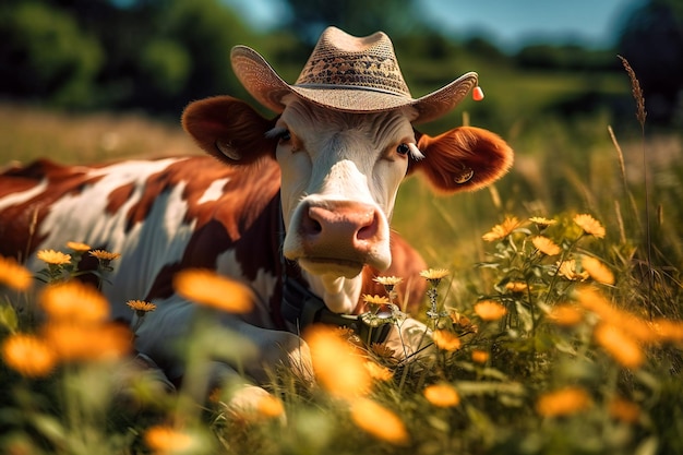 麦わら帽子とサングラスをかけた満足げな牛が牧草地でくつろいでおり、口にはヒナギクの束をくわえています。