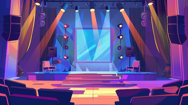 The contest and competition stage of an empty talent contest is shown as a cartoon modern with a microphone and loudspeakers on scene a big screen chairs of the jury and spotlights