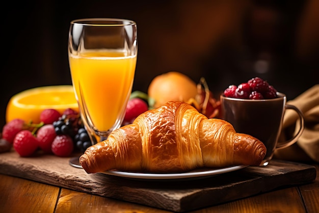 Continentaal ontbijt met croissant en vers sap verwelkomt de ochtend.