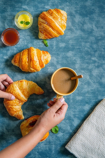 Continental breakfast captured from above top view flat lay Coffee orange juice croissants