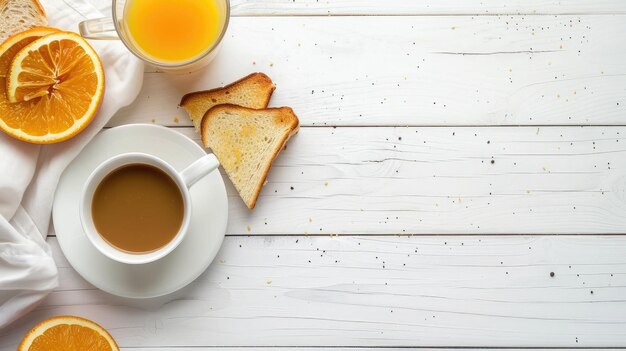 Continental breakfast coffee orange juice and toast on white wood table Background with free text space