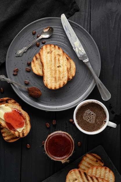 Continental Breakfast meal served with coffee toast jam and butter Delicious coffee table