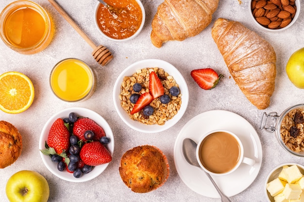 Continental breakfast with fresh croissants, orange juice and coffee