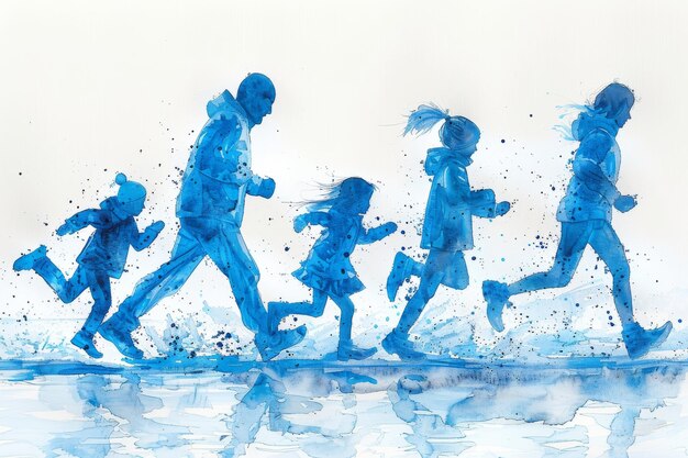 Continually drawn line drawing of happy family running