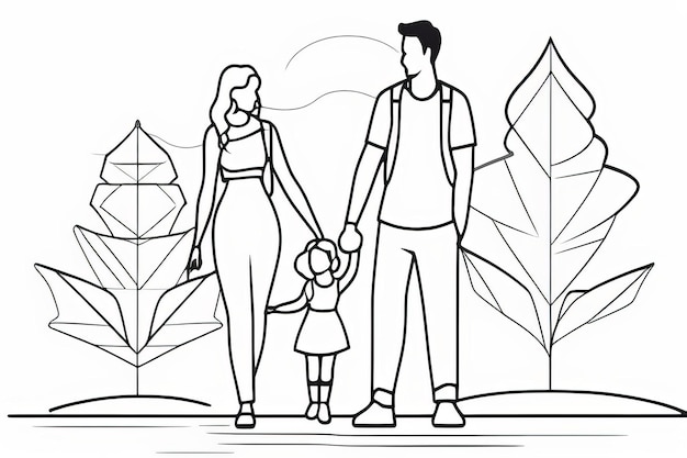 Photo continuous line art happy family portrait with parents and little girl in vector sketch