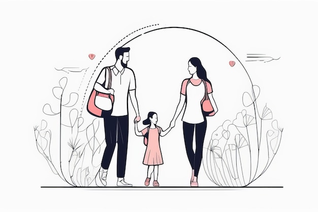 Photo continuous line art happy family portrait with parents and little girl in vector sketch