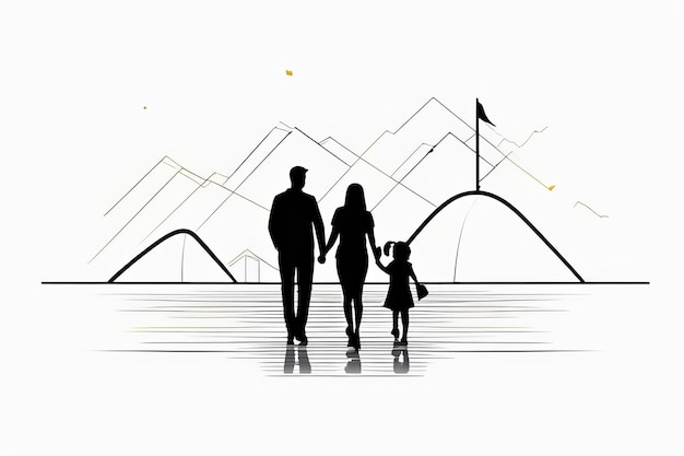 Foto line art continuo ritratto di famiglia felice con genitori e bambina in schizzo vettoriale