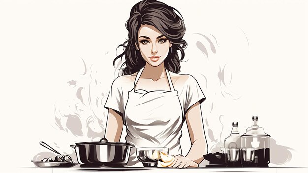 継続的なライン・コンツール 女性料理人 全身