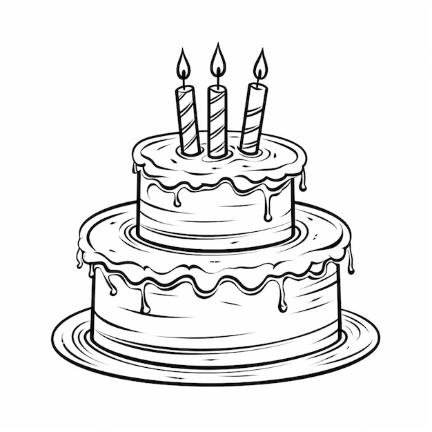 Foto disegno a linea continua compleanno solo una torta con tre candele