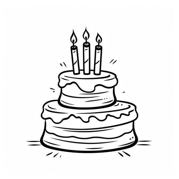 Photo continuous line drawing birthday only one cake with three candles