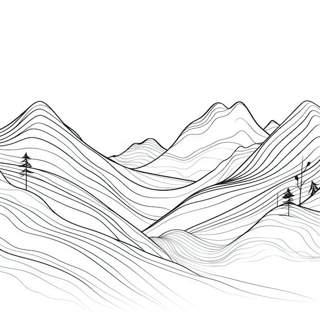 Continuous Line Drawing of Minimalistic Mountain Landscape