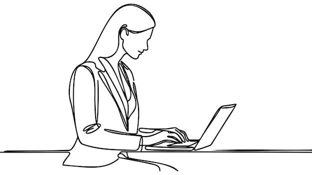 Photo continuous line drawing of professional young business woman using mobile digital tablet computer work