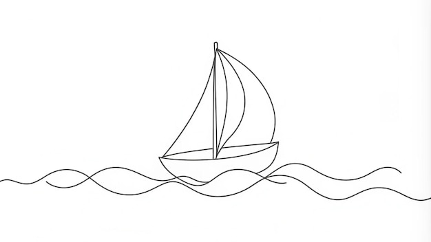 Continuous Line Drawing of a Sailboat and Waves