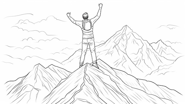 Continuous line drawing of winner man on mountain peak line art