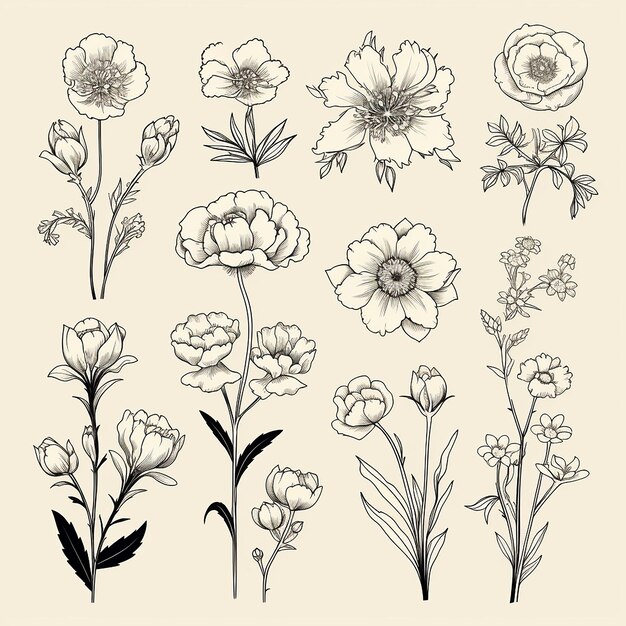 Photo continuous outline style flower set for botanical