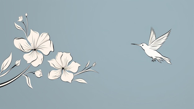 連続単一描画線画鳥と花