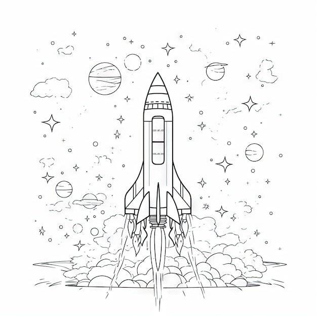 ポスターやランディング ページに最適な宇宙空間のロケットの連続単線描画