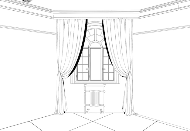 contour visualization of a large empty interior sketch outline cg render