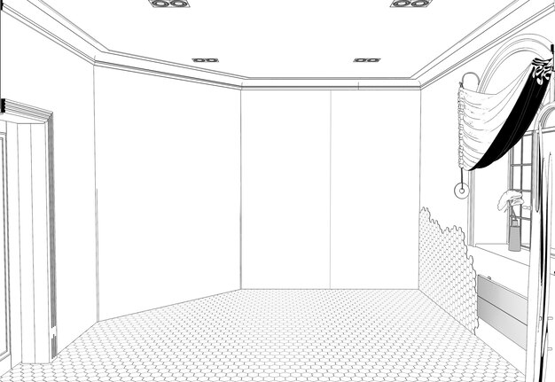 contour visualization of a large empty interior sketch outline cg render