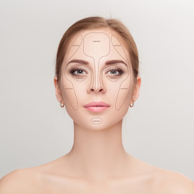 Contouring. make up volto di donna su sfondo grigio. contorno e metti in risalto il trucco. campione di trucco viso professionale