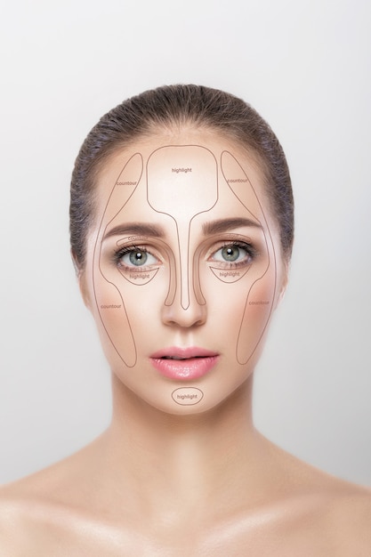 Contouring. Make up woman face on grey background. Contour and highlight makeup.