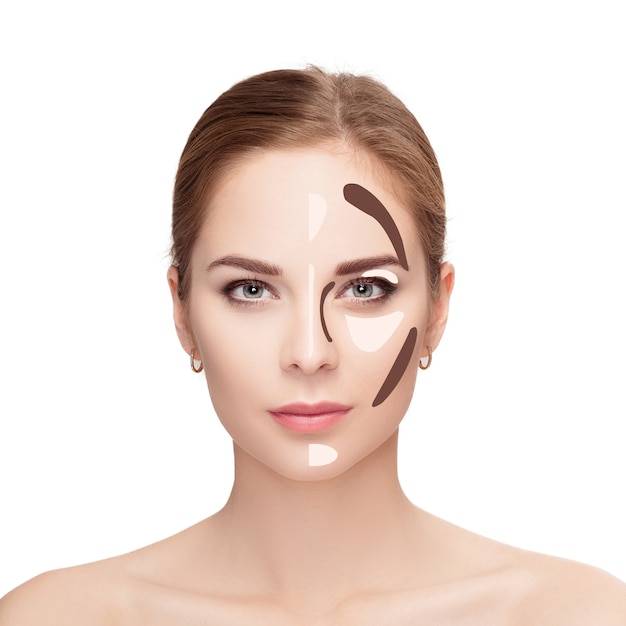 Contouring. Make up woman face on white background. Contour and highlight makeup. Professional face make-up sample