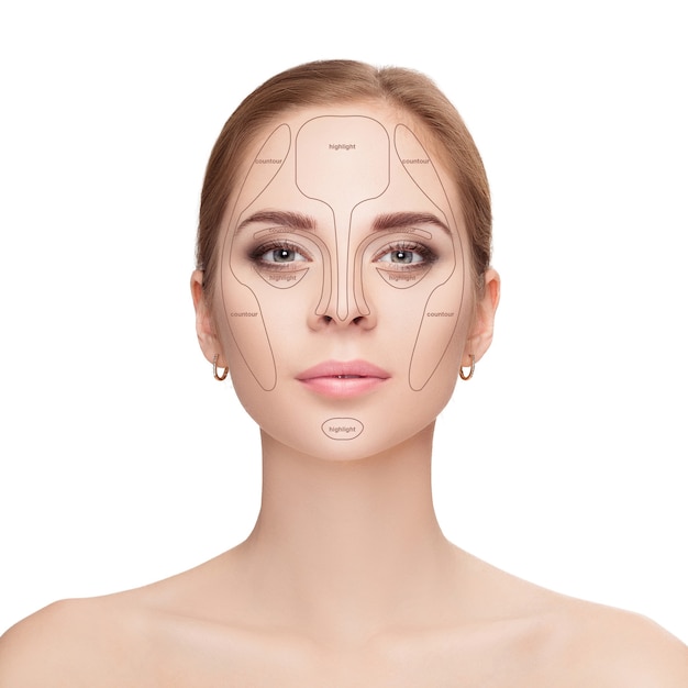 Photo contouring. make up woman face on white background. contour and highlight makeup. professional face make-up sample