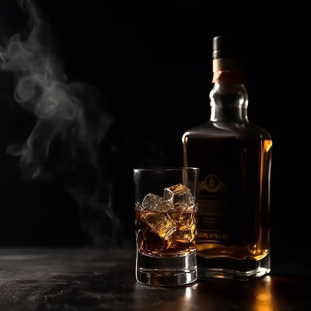 Photo contours of bottle of whiskey and glass with ice cubes on black background blur and melt into smoke