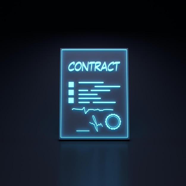 Contract neon pictogram op zwarte achtergrond Het concept van samenwerking 3d render illustratie