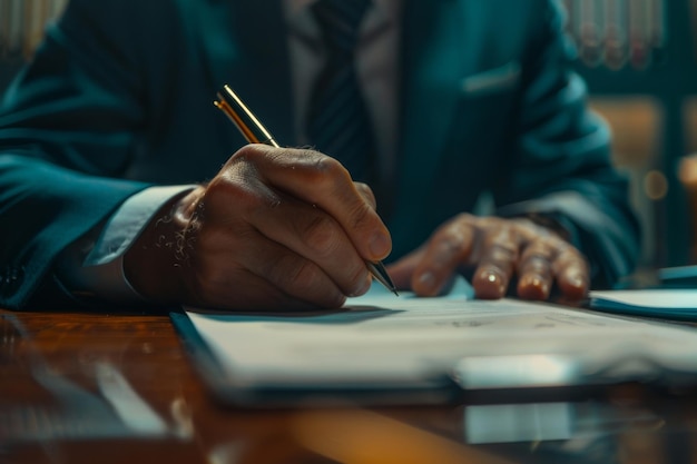 Contractdocumenten en handen van een professionele werknemer bij het werk close-up voor financieel management juridisch