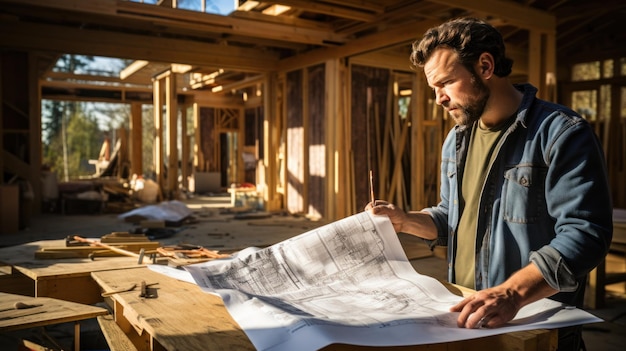 A contractor reviews the blueprints in a house under renovation