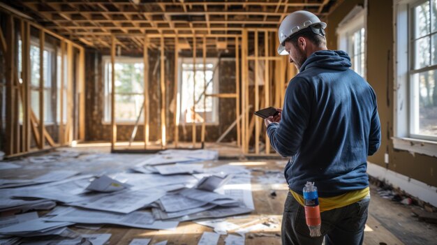 A contractor reviews the blueprints in a house under renovation