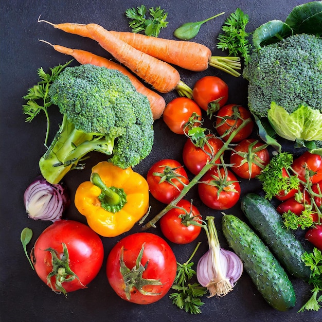 Contrast in Greens Assorted Fresh Juicy Veggies on Dark Background