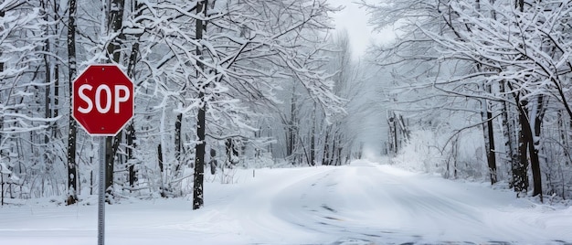 Contrast in de natuur Het veerkrachtige rode stopbord te midden van een winterwonderland