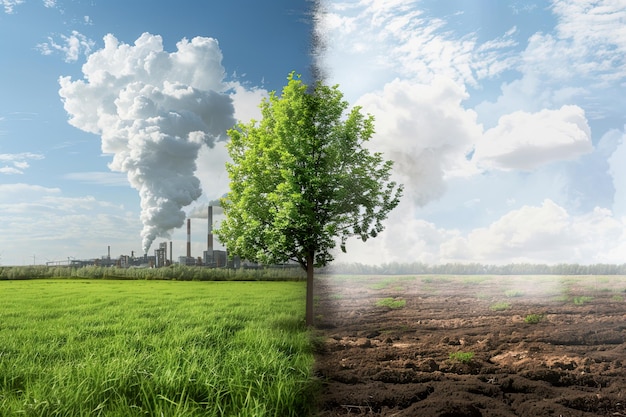 Photo contrast between industrial pollution and clean nature