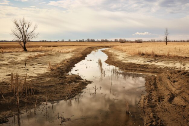 Contrast van droge en overstroomde gebieden in een veld gecreëerd met generatieve ai