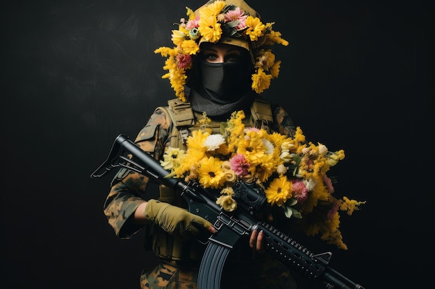 Foto contrast van oorlog en vrede soldaat in camouflage met bloemenversieringen