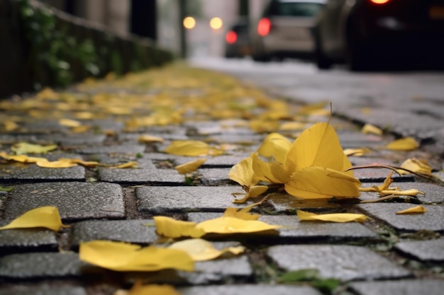 Contrast van zachte paardebloemblaadjes tegen ruwe bestrating