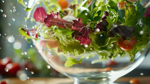 Foto contrasteer de knapperigheid van een drijvende salade met een warme uitnodigende gloed ai gegenereerde illustratie