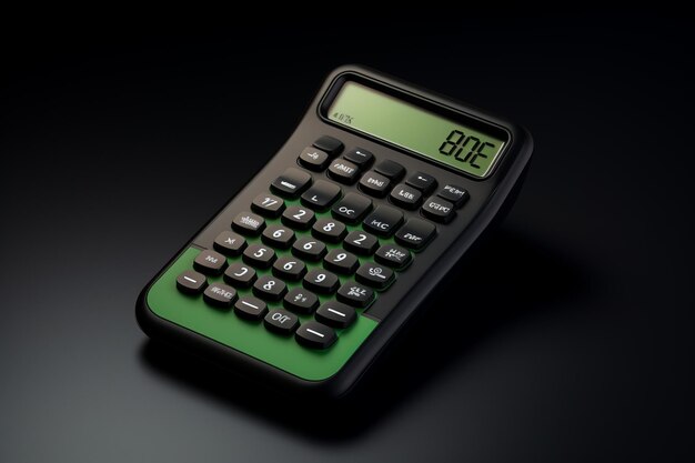 Контрастные цвета Черно-зеленый калькулятор появляется на минималистическом белом столе