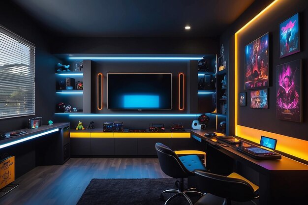 Photo contrasting darkthemed gaming room with bright accents