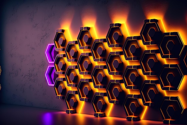 Contrasting hexagonal walls and a neonlit backdrop