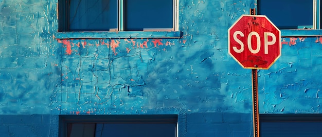 対照的な世界 青い建物の反対側にある 大胆な赤いストップサイン