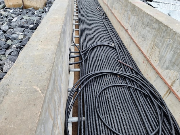 Photo the control cable installation at the switchyard cable trench in the substation construction