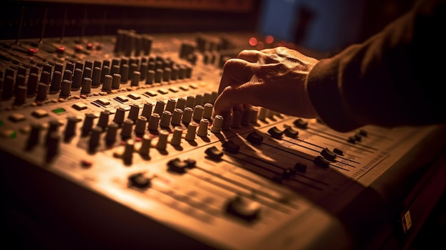 control Fader Mixing console of light equipment operator at the concert Sound record Generative AI