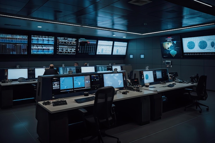 Photo control room filled with monitors and displays of various sensors created with generative ai