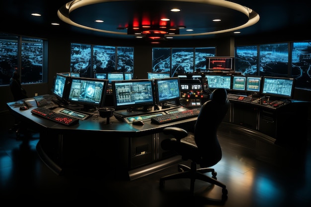 Control room in an industrial facility with rows of monitors and control panels Generative AI